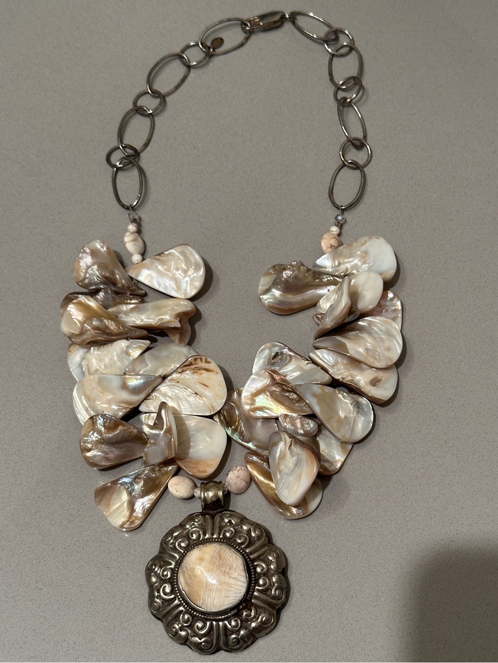 Handmade Pearl-Effect Statement Necklace with Ornate Pendant